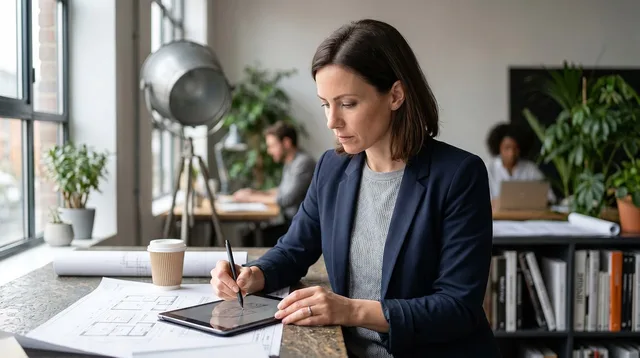 woman, office, working at desk, tablet, stylus, technical drawings, architecture, modern office, planning, design, professional, teamwork, window, natural light, workplace, coffee, documents, focus, indoor, team. Hvordan beregnes pladsbehov til kontorlokaler?