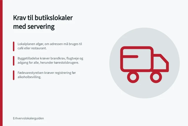 Krav til butikslokaler med servering: Lokalplanen afgør, om adressen må bruges til café eller restaurant.; Byggetilladelse kræver brandkrav, flugtveje og adgang for alle, herunder kørestolsbrugere.; Fødevarestyrelsen kræver registrering før alkoholbevilling. Hvilke krav stilles til butikslokaler med servering?