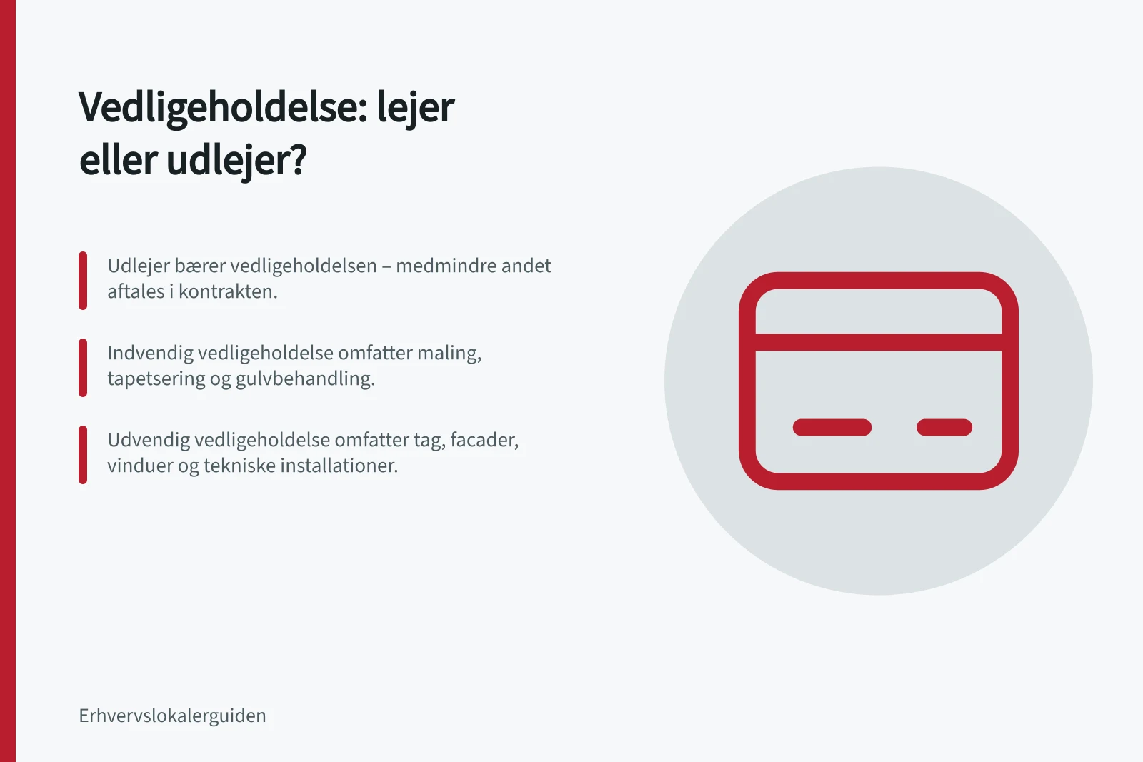 Vedligeholdelse: lejer eller udlejer?: Udlejer bærer vedligeholdelsen – medmindre andet aftales i kontrakten.; Indvendig vedligeholdelse omfatter maling, tapetsering og gulvbehandling.; Udvendig vedligeholdelse omfatter tag, facader, vinduer og tekniske installationer.