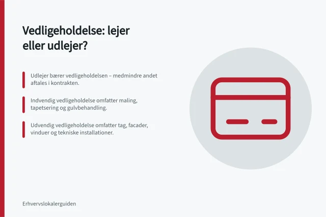 Vedligeholdelse: lejer eller udlejer?: Udlejer bærer vedligeholdelsen – medmindre andet aftales i kontrakten.; Indvendig vedligeholdelse omfatter maling, tapetsering og gulvbehandling.; Udvendig vedligeholdelse omfatter tag, facader, vinduer og tekniske installationer. Hvordan fordeles vedligeholdelse mellem lejer og udlejer?